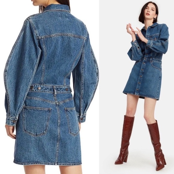 NWT AGOLDE x ANTHROPOLOGIE Denim Mini Dress Balloon Sleeves Size 12 - Picture 2 of 11